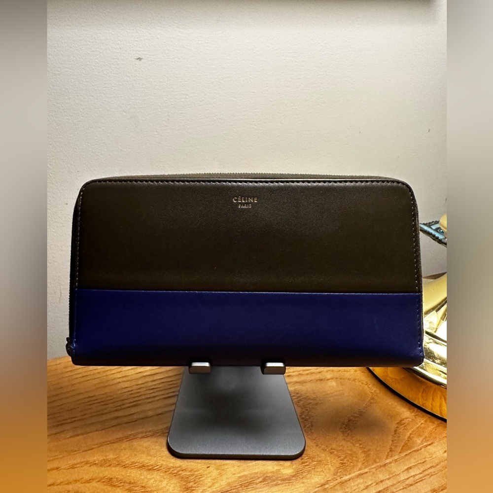Celine Two-Tone Leather Long Zip Wallet in Blue/Dark Taupe.